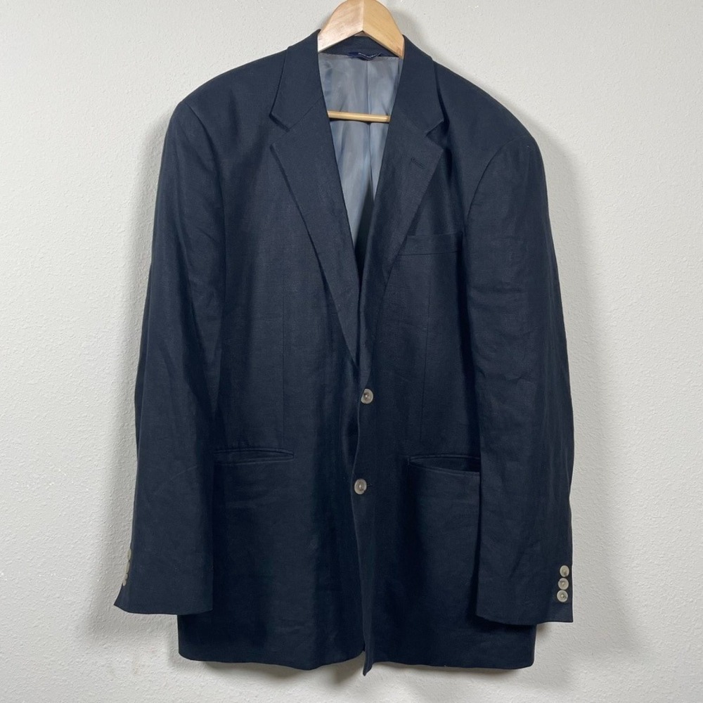 Alan Flusser Blazer Mens 46L Black 100% Linen Two Button‎ Sport Coat Jacket